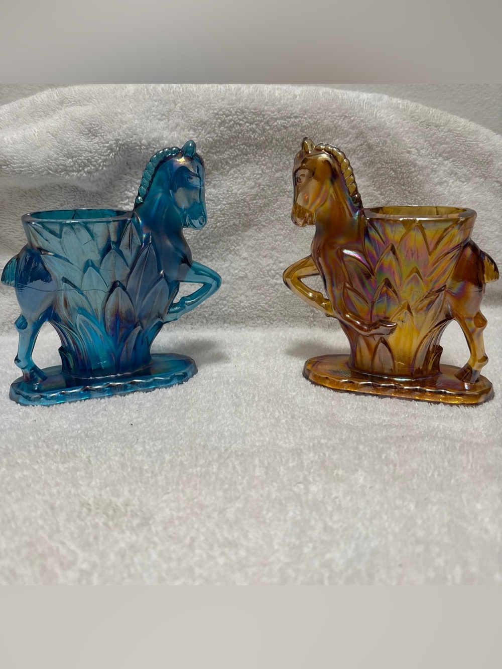 L. E. Smith Carols Sure Win Carnival Glass Blue and Amber Prancing Vases